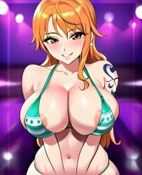 1girls ai_generated areolae big_breasts bikini cute nami one_piece orange_hair pony_diffusion_xl self_upload smile solo_female tattoo