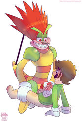 animate_inanimate anthro bow bowyer clothed clothing duo embarrassed frottage furry gloves hair hi_res human luigi male mammal mario_(series) naughty_face nintendo open_mouth partially_clothed penis penis_size_comparison red_eyes red_hair salad_pervert sex signature simple_background super_mario_rpg sweat tagme video_games watermark yaoi