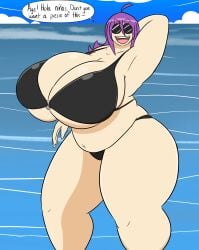 arm_behind_head armpits beach bikini black_bikini black_print chubby_female dialogue huge_breasts igphhangout milf purple_hair shelly_(igphhangout) sunglasses tagme thick_ass thick_thighs