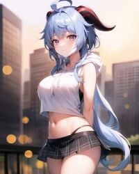 1girls ai_generated blue_hair commentary crop_top ganyu_(genshin_impact) genshin_impact hood hoodie horn navel purple_eyes skirt sleeveless sleeveless_shirt smile stable_diffusion thong unajyu