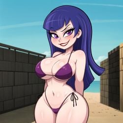 1girls ai_generated big_breasts cats62 curvy_female dc_comics dc_super_hero_girls long_hair purple_hair swimsuit tagme teenager teeth zatanna zee_zatara