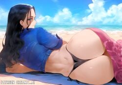 ai_generated ass beach beach_towel black_hair black_panties blue_crop_top blue_eyes closed_mouth creamy_ai crop_top curvaceous curvy curvy_body curvy_female curvy_figure female female_focus female_only from_behind hi_res highleg highleg_panties hourglass_figure huge_ass lips long_hair looking_back lying lying_on_side nico_robin on_side one_piece panties patreon_username pink_sarong post-timeskip sarong sky stable_diffusion voluptuous voluptuous_female water