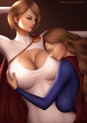 2018 2girls artist_name artist_signature blonde_hair blue_eyes breast_focus breast_fondling breasts cape cleavage cleavage_cutout dated dc dc_comics female female_only fondling_breast fully_clothed holding_breast kara_danvers kara_zor-el kara_zor-l karen_starr long_hair multiple_girls patreon power_girl resting_on_breasts short_hair supergirl superman_(series) tight_clothing yupachu yuri