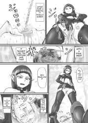 1boy 1girls armwear black_and_white bra breasts censored censored_pussy clothed clothing comic defeated demon dialogue dodomesu3sei domination english_text female femdom garter_belt garter_straps lingerie male mosaic_censoring peeing peeing_in_mouth peeing_on_another piss_drinking pissing_in_mouth pissing_on_another pointy_ears pussy short_hair speech_bubble spread_pussy stockings straight swallow swallowing text thighhighs urine urine_in_mouth