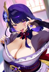 ai_generated fellatio_gesture genshin_impact lipstick purple_eyes purple_hair purple_lipstick raiden_shogun tomato_cake