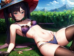 1girls ai_generated anyhentai blue_eyes genshin_impact mona_(genshin_impact) solo wet