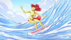 aged_up apple_bloom_(mlp) breasts earth_pony equid equine friendship_is_magic hasbro horse mammal my_little_pony nipples orange_eyes pony red_hair surfboard surfing water yellow_body yellow_skin