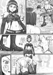 1boy 1girls armwear black_and_white breasts clothed clothing comic defeated demon dialogue dodomesu3sei english_text female fighting lingerie male pointy_ears short_hair speech_bubble straight text thighhighs