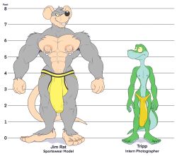 anthro anti_dev barely_visible_genitalia big_bulge big_nipples bulge clothed clothing dactyloid duo genitals hi_res jim_rat jockstrap larger_male lizard male mammal murid murine nipple_piercing nipples piercing rat reptile rodent scalie size_difference tripp_(anti_dev) underwear underwear_only