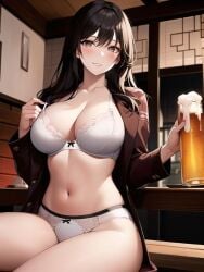 1girls ai_generated ai_mirror bar_(place) beer beer_glass belly_button big_breasts bitting_lip blush brown_eyes brown_hair drunk holding_glass leather_jacket long_hair looking_at_viewer no_shirt open_jacket plates pulling_bra sitting thick_thighs underwear white_skin white_underwear wooden_table