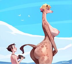 1boy 1boy1girl 1girls ass awe blonde_hair blue_eyes blue_sky blush breasts brown_fur brown_hair butt butt_crack colored cyancapsule digital_camera exhibitionism female furry giraffe huge_ass human human_male large_breasts larger_female long_neck looking_back nipples nude_female outdoors short_hair size_difference smaller_male tail