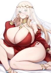 areola_slip blonde_hair blush choker dress elf elf_ears elf_female elf_girl gigantic_breasts gigantic_thighs green_eyes heels huge_thighs kannko_bokujou necklace one_arm_up paintcan red_dress skindentation smile star_(symbol) thick_thighs veil very_long_hair voluptuous wide_hips