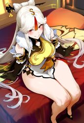 ai_generated clothed genshin_impact looking_at_viewer ningguang_(genshin_impact) red_eyes thick_thighs tomato_cake white_hair