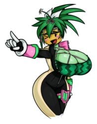 big_breasts blaster_master blaster_master_zero blaster_master_zero_2 bodysuit cleavage color female flower green_hair green_skin kanna_(blaster_master) large_breasts looking_at_viewer mob_face plant_girl plantie pointing sexualyeti solo thick_thighs unzipped_bodysuit watermelon_bra watermelon_nets white_background wink