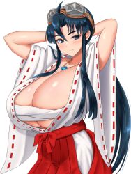 1girls armpit_peek arms_behind_head big_breasts blue_eyes blue_hair breasts bursting_breasts busty cleavage confident goggles goggles_on_head hakama highres huge_breasts japanese_clothes long_hair long_skirt looking_at_viewer low_ponytail magatama magatama_necklace miko necklace pose posing sarashi seductive_gaze seductive_smile sengoku_ace sengoku_blade sensual skirt smile solo togashi_koyori underboob voluptuous