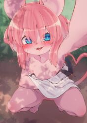 2019 anthro blue_eyes blush breasts censored clothed clothing crouching female fur hair hi_res looking_at_viewer mammal mouse nipples open_mouth outside partially_clothed pink_fur pink_hair pussy rodent selfie small_breasts solo youki029