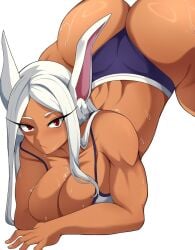 1girls abirdeer ass blush boku_no_hero_academia breast_press breast_squish breasts bubble_ass bubble_butt child_bearing_hips cleavage dark-skinned_female dark_skin dat_ass huge_ass huge_breasts jackochallenge long_hair looking_at_viewer mirko miruko muscular muscular_arms muscular_female muscular_legs my_hero_academia panties rabbit_ears rabbit_girl red_eyes rumi_usagiyama sports_bra sports_panties sweat sweatdrop top-down_bottom-up underwear usagiyama_rumi white_hair wide_hips