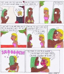 2girls applying_lipstick applying_makeup bikini bikini_top black_skin blonde_hair blue_eyes brick_wall comic dialogue dreadlocks fire_hydrant green_hair jeanie_(kinggigasmon) jenna_(kinggigasmon) kinggigasmon kiss_marks kiss_on_lips kissing lesbian_kiss lipstick mwah panel pink_lipstick pink_topwear short_hair smooch stacey_(kinggigasmon) tan_skin tree valentine's_day white_background yuri