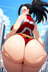 1female ai_generated ass ass_grab embarrassed goldencum34 hero_outfit_(mha) huge_ass looking_back momo_yaoyorozu my_hero_academia public solo yaoyorozu_momo