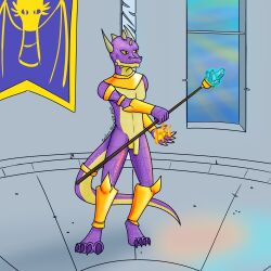 anthro armband armor armwear clothing fire furgonomics fyreblazes gold_(metal) gold_jewelry hi_res horn jewelry kobold legwear magic magic_user male orange_eyes purple_body scalie solo tagme tail tail_clothing