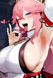 1girls ai_generated armpits fellatio_gesture fox_ears genshin_impact heart pink_hair purple_eyes tomato_cake yae_miko