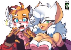 age_difference aged_up anthro bare_shoulders bat big_breasts breasts canid canine cleavage clothing duo female fox gloves green_eyes hair_over_one_eye hi_res killerghost kiss_mark lipstick makeup male male/female mammal older_female parted_lips red_lipstick rouge_the_bat sega selfie smiling sonic_(series) sonic_the_hedgehog_(series) tails white_fur younger_male