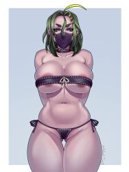 1girls absurd_res ahoge areolae arms_behind_back bandeau big_breasts breast_squish collar female female_only green_eyes green_hair hairclip looking_at_viewer mask midori_(rizdraws) mouth_mask solo spiked_collar thick_thighs thigh_gap thong topwear wind_soul