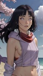 1girls ai_generated beach beautiful_background bikini_bottom black_hair boruto:_naruto_next_generations cherry_blossoms female hyuuga_hinata lake lavender_eyes light-skinned_female light_skin long_hair naked naruto nude nude_female partially_clothed petals posing posing_for_the_viewer slim_waist small_breasts soft_smile solo standing standing_position sweater teenager water