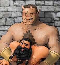 2boys bara beard blush boar_boy body_fur brick_wall brown_hair couple dark-skinned_male dark_skin dungeon_meshi dwarf embearassing_art facial_hair gay gay_sex hairy happy_sex interspecies long_beard male male_focus male_only monster_boy multiple_boys muscular muscular_male nude orc out-of-frame_censoring paid_reward_available pointy_ears senshi_(dungeon_meshi) sex short_hair size_difference thick_chest_hair thick_mustache torogao tusks upper_body very_long_beard yaoi zon_(dungeon_meshi)