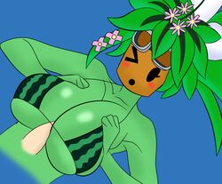 :o big_breasts bikini_top blaster_master blaster_master_zero blaster_master_zero_2 blush blush_stickers disembodied_penis female flower green_skin human_on_plantie kanna_(blaster_master) marshallleea mob_face monster_girl paizuri paizuri_under_clothes plant_girl plantie sex_with_bra_on watermelon_bra