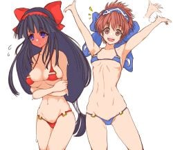 2girls armpits arms_up big_breasts bikini black_hair blue_bikini blush breasts brown_eyes brown_hair busty cleavage crossed_arms embarrassed female female_only full-face_blush hair_ribbon happy highres large_breasts legs long_hair looking_at_viewer lowleg lowleg_bikini micro_bikini multiple_girls nakoruru navel purple_eyes red_bikini ribbon rimururu samurai_shodown short_hair shy small_breasts smile snk sweat swimsuit thighs toned voluptuous