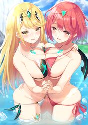 2girls arm_around_back ass bangs bare_shoulders beach bikini blonde_hair blue_sky blush breast_press breasts brown_eyes cleavage cloud commentary day earrings embarrassed eyebrows_visible_through_hair eyes_visible_through_hair gem groin hair_ornament hand_on_another's_shoulder headband headpiece highres holding_hands igakusei interlocked_fingers jewelry large_breasts long_hair looking_at_viewer lowleg lowleg_bikini multiple_girls mythra nintendo open_mouth outdoors pose pyra red_eyes red_hair short_hair side-tie_bikini sidelocks skindentation sky smile swept_bangs swimsuit symmetrical_docking tareme thigh_strap thighs tiara tsurime very_long_hair wading water_drop xenoblade_(series) xenoblade_chronicles_2 yellow_eyes