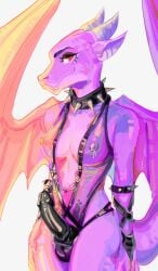 anthro balls black_penis cassandra_valentine chains clothing collar dragon elsyt erection genitals gynomorph hi_res horn intersex mostly_nude mythological_creature mythological_scalie mythology penis purple_body purple_scales red_eyes scales scalie solo spiked_collar spikes tail translucent translucent_clothing wings