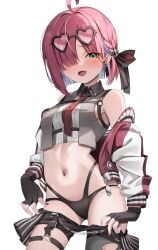 1girls ahoge artist_request bare_shoulders black_panties blush breasts glasses_on_head green_eyes hair_over_one_eye himemori_luna holoforce hololive hololive_japan looking_at_viewer medium_breasts navel nonude pink_hair short_hair smile solo virtual_youtuber