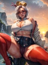 1girls ai_generated big_breasts black_skirt cleavage curvaceous curvy_body curvy_female darkblazeai eyeshadow eyewear female female_only glasses hair_bun hair_ornament high_heels light-skinned_female light_skin nintendo outside purah purah_(tears_of_the_kingdom) rain sitting_down spread_legs stockings the_legend_of_zelda the_legend_of_zelda:_tears_of_the_kingdom thick thick_thighs underwear visible_underwear water wet