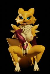 2024 3d_(artwork) anthro bandai_namco blue_eyes digimon digimon_(species) digital_media_(artwork) female front_view genitals masturbation pussy renamon renamon_(seriouswolf) s_production solo tongue