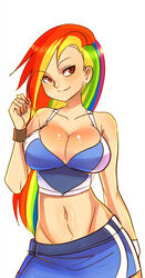 1girls bare_shoulders belly bellybutton big_breasts blue_hair blush breasts brown_eyes cleavage clothed clothed_female clothes clothing female female_only green_hair hips human humanized large_breasts long_hair maniacpaint midriff miniskirt multicolored_hair my_little_pony navel open_eyes orange_hair personification purple_hair rainbow_dash_(mlp) rainbow_hair raised_eyebrows red_hair safe sfw shiny shoulders simple_background skirt smile smiling smirk smirking solo solo_focus species_swap sports_bra sportswear standing suggestive voluptuous white_background wristband yellow_hair