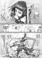 1boy 1girls armwear black_and_white clothed clothing comic demon dialogue dodomesu3sei english_text female fighting lingerie male pointy_ears short_hair speech_bubble straight text thighhighs