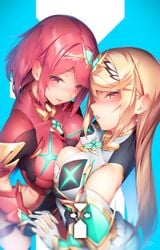 2girls arm armor bangs bare_shoulders blonde_hair blue_background blush breast_press breasts cleavage commentary_request dress earrings fingerless_gloves gem gloves hair_ornament head_tilt headpiece holding_hands jewelry large_breasts long_hair looking_at_viewer multiple_girls mythra neon_trim nintendo open_mouth pyra red_eyes red_hair ryuji_(ikeriu) short_hair shorts sidelocks signature simple_background smile swept_bangs symmetrical_docking tiara very_long_hair xenoblade_(series) xenoblade_chronicles_2 yellow_eyes