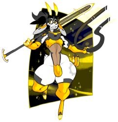 2023 alpha_channel anthro big_ears black_hair bovid bulge caprine colored digital_media_(artwork) fur goat grey_body grey_fur hair hi_res jinti jinti_(artist) machine male mammal melee_weapon robot solo space star sword weapon yellow_eyes