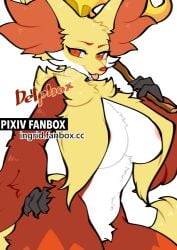 2d anthro breasts cleavage curvy delphox english_text female female_focus female_only female_pokemon fluffy fox fox_girl furry grey_background inner_ear_fluff inner_sideboob large_breasts looking_at_viewer multicolored_body multicolored_fur nintendo nipple_bulge orange_eyes pokémon_(species) pokemon pokemon_only pokemon_xy snow_angel_(artist) solo text thick_thighs tongue tongue_out torch witch