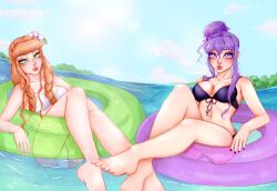 2females 2girls 5_fingers 5_toes asterbun asterbunart bikini bikini_bottom bikini_top breasts cleavage doki_doki_literature_club green_eyes hair_bun hairbun healed_cuts healed_scars inner_tube lips monika_(doki_doki_literature_club) navel purple_bikini purple_bikini_bottom purple_bikini_top purple_eyes purple_hair scars swimsuit swimwear water white_bikini white_bikini_bottom white_bikini_top yuri_(doki_doki_literature_club)