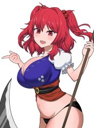 1girls :d big_breasts bottomless breasts cleavage clothed_female cute_fang fangs komachi_onozuka light-skinned_female open_mouth panties red_eyes red_hair ringo114514810 scythe solo solo_female sweat thick_thighs thighs touhou twintails white_background zawapirori