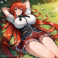 1girls ai_generated big_breasts blue_eyes clothed clothing color female female_focus female_only hi_res high_school_dxd large_breasts light-skinned_female light_skin long_hair red_hair rias_gremory school_uniform senotakai_ai solo solo_female tagme thick_thighs