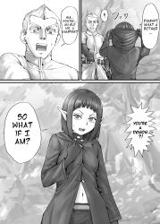 1boy 1girls black_and_white clothed clothing comic demon dialogue dodomesu3sei english_text female male pointy_ears speech_bubble straight text