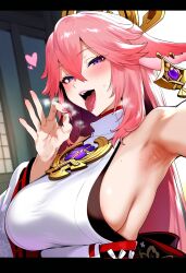 1girls ai_generated armpits fellatio_gesture fox_ears genshin_impact heart pink_hair purple_eyes tomato_cake yae_miko