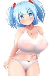 1girls barely_clothed big_breasts blue_eyes blue_hair breasts cleavage light-skinned_female nipple_bulge nipples_visible_through_clothing nitori_kawashiro onaho_(otayoku) onahotyan panties solo solo_female thick_thighs thighs touhou twintails white_background white_shirt