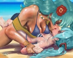 2024 2girls alternate_self arm_grab artist_name artofkiro asymmetrical_docking bare_shoulders beach bikini blue_hair blush brazil brazilian brazilian_female brazilian_miku breast_press breast_size_difference breasts cleavage cyan_hair dark-skinned_female dark_skin ear_piercing earrings female female_only french_kiss hatsune_miku kissing large_breasts latin_american_hatsune_miku_(meme) light-skinned_female light_skin necklace sand sea selfcest shirt small_breasts sweat tan_skin tanline twintails vocaloid watermark yuri