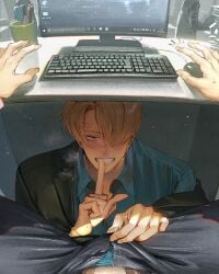 2boys blonde_hair blush breath bulge business_suit computer desk detailed detailed_background finger_to_mouth fully_clothed gay grin hair_over_one_eye imminent_oral looking_at_viewer male male_only male_pov nori31291404 one_piece pov pre-timeskip shushing sitting smile solo_focus spread_legs suit surprised sweat under_the_table unzipped_pants unzipping vinsmoke_sanji yaoi