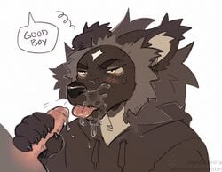 black_nose blush canid canine clothed clothing cum cum_in_mouth cum_inside cum_on_face dialogue english_text male mammal murkbone open_mouth sweat teeth text tongue tongue_out yaoi